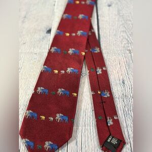 Ben Silver Maroon Red with Blue Yellow Marching Elephants Classic Silk Tie
